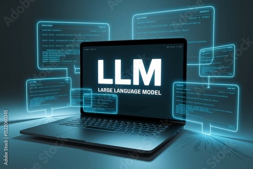 LLM Large Language Model on Laptop Screen with Futuristic Code Interface