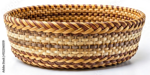 Traditional handwoven basketry with natural fiber yarns woven into a complex basketweave pattern