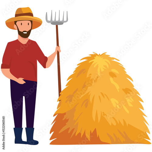 farmer with a shovel arranging hay