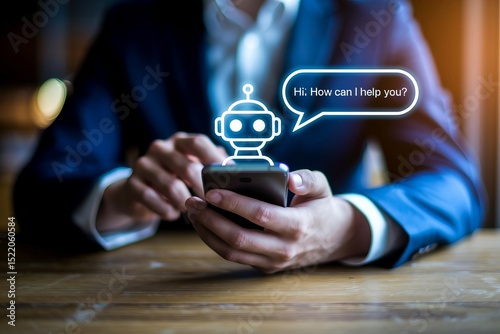 Businessperson using smartphone with chatbot interface showing a robot and a speech bubble saying 
