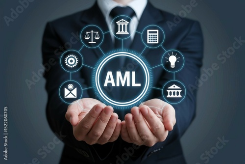Businessperson Presenting AML Compliance Concept with Icons of Law, Finance, and Security on a Futuristic Interface