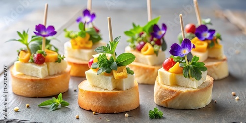 Mini toasted cheese canap?s on a baguette skewer with fresh herbs and edible flowers