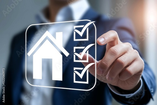 Businessperson using a digital interface to check off items on a home checklist, symbolizing real estate, property management