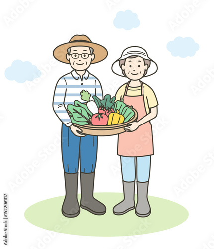 家庭菜園で収穫した野菜を持っている高齢者夫婦の全身イラスト