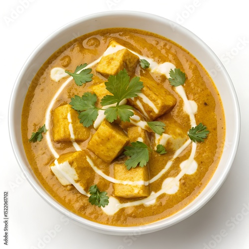 Savory Indian Paneer Curry Ready to Serve in a white bowl top down view