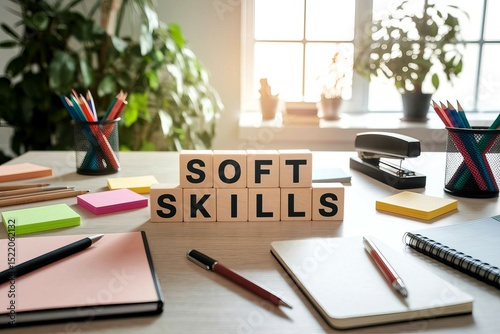 Wooden Blocks Spelling Soft Skills on a Desk with Office Supplies and Plants
