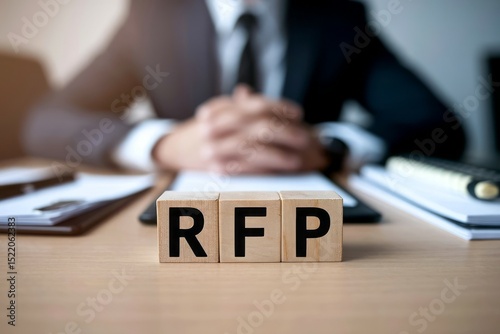 RFP Acronym on Wooden Blocks on Desk with Blurred Businessperson in Background
