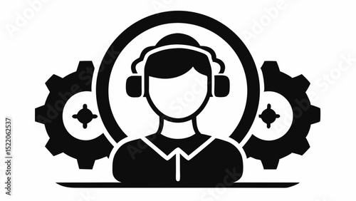 Operator with headset and gears in black and white halloween, vector, silhouette,  illustration, horizontal, isolated assets,