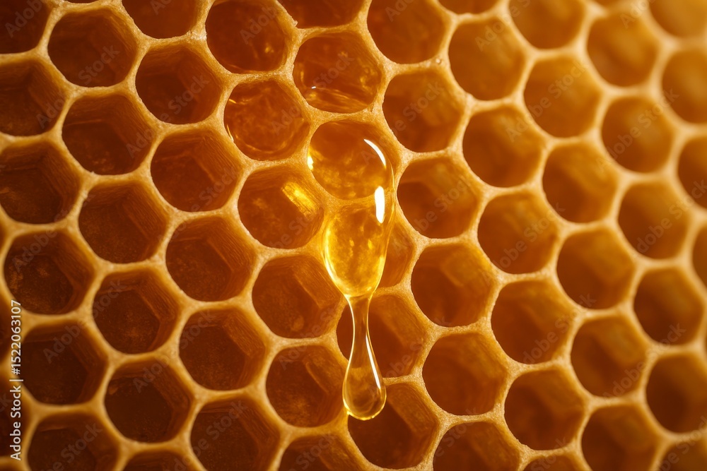 Close up of a honeycomb with a dripping drop of golden honey in center Close up of a honeycomb with a dripping drop of golden honey in center