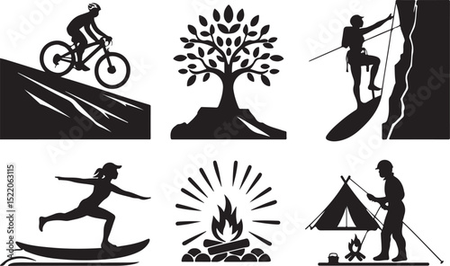 Yoga, Camping, and Biking Activities Vector Silhouettes
