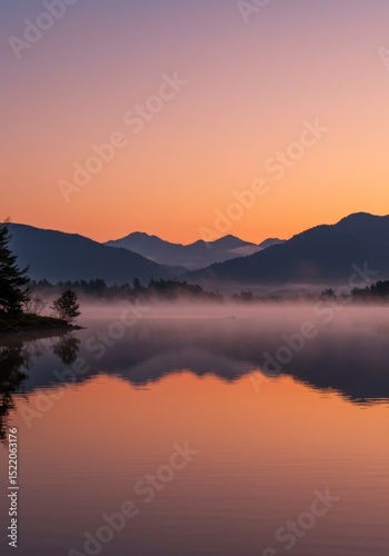 Serene Sunrise Mountain Lake Reflection - Peaceful dawn, mist-shrouded mountains reflected in a still lake, symbolizing tranquility, serenity, nature, reflection, and peace