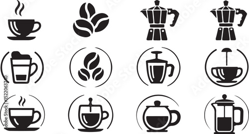 Black Coffee Icon Set – Silhouette Vector of Cups, Beans, French Press, and Moka Pot in Modern Cafe Style