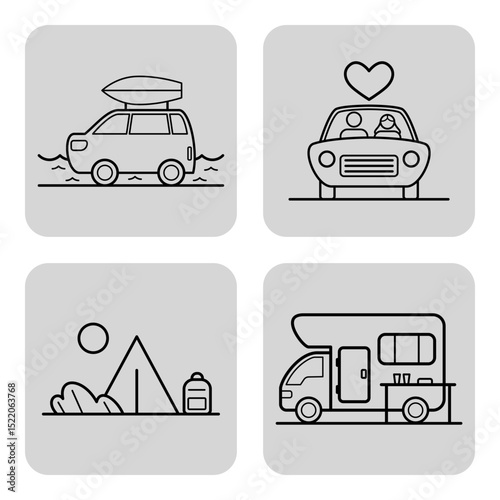 Collection of four line icons depicting outdoor activities. Car carrying kayak, couple in car, tent with mountains, and RV at campsite. Ideal for travel enthusiasts