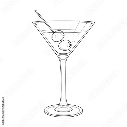 Line art illustration of a classic martini cocktail glass with olives on a stick. Elegant outline drawing for bar menu, recipe books, or cocktail-themed designs.
