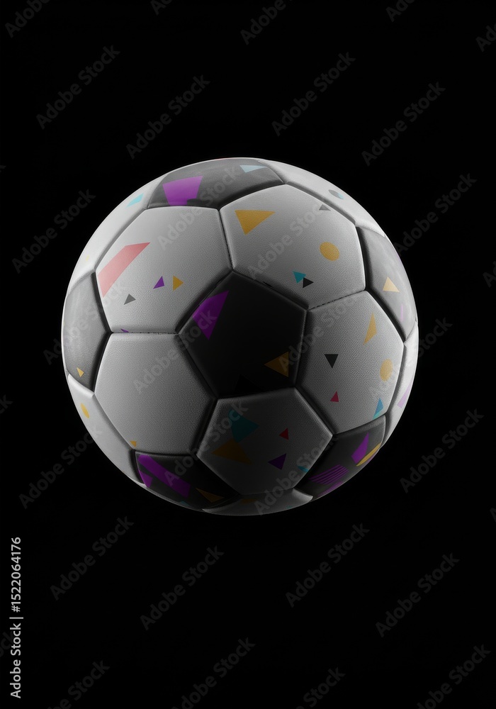 Fototapeta premium Colorful Soccer Ball Design - A vibrant soccer ball with a geometric pattern against a black background. Perfect for sports, design, and activity themes