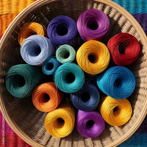 Multicolored skeins of threads in a woven basket, basket, threads. Reality-Warped Threads. Illustration