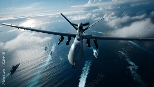 Aerial view of a military drone over the ocean with navy ships patrolling