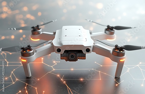 White Drone Mockup with Camera on Futuristic Digital Background

