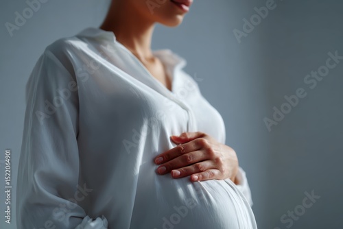 Pregnant woman gently holding belly, serene mood, clean background