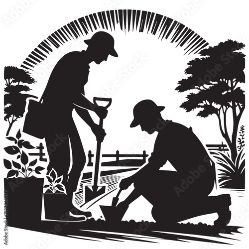 Gardeners or Farmers Working in the Field Silhouette