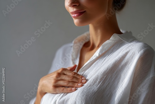 Pregnant woman gently holding belly, serene mood, clean background