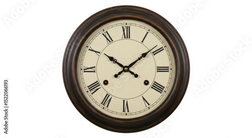 Oval antique wall clock with roman numerals isolated on transparent background