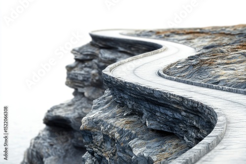 Curvy Road Along a Coastal Cliff Isolated on White Background, Depth of Field