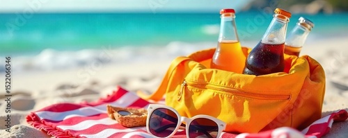 Ice-cold soda bottles chilling in a summery beach bag, surrounded by sunglasses, sunscreen, and vibrant beach towels Perfect for summer refreshment and vacation vibes , ocean, holiday, cold