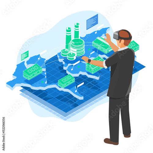 Businessman using virtual reality technology to manage global supply chain and industrial production through interactive isometric digital map with factory and logistics elements