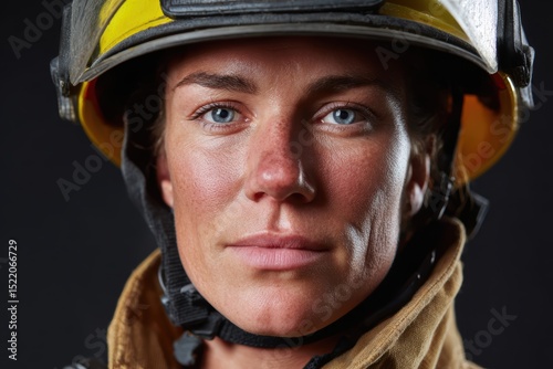 Female firefighter in gear, strong and proud portrait