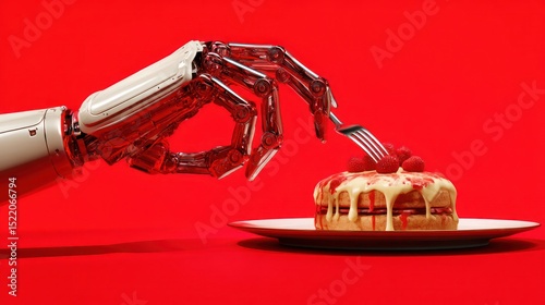 Robot carefully plating gourmet meal on solid vibrant red background fine dining elements and metallic robot fingers illuminated sharply