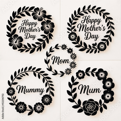 Mother’s Day Black Floral Wreath Bundle with “Mom,” “Mum,” “Mummy” and Greeting Text – Elegant SVG Vector Set