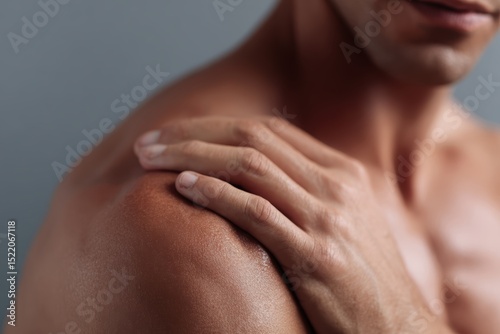 Man massaging sore shoulder, health and pain relief concept