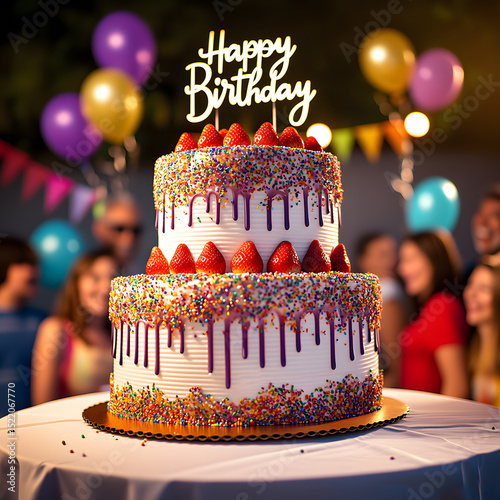 an expensive birthday cake closeup with people celebrating on the blurred background