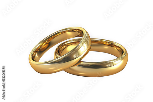 Two golden wedding rings intertwined, symbolizing love, commitment, and marriage ceremony celebrations, isolated on transparent background