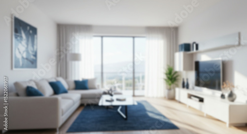 blur background of bright, modern living room features comfortable sofas and a prominent abstract painting, offering a serene and inviting ambiance, for green screen or live streaming background 7