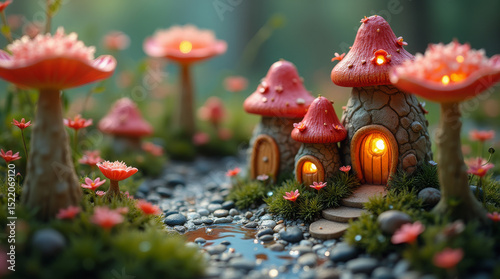 Generative AI Enchanted Mushroom Homes in Fairy Garden Mushroom house Fairy garden Fantasy Miniature Flowers Moss Stones Pond Red Green Whimsical Cottage Small Tiny Nature - High Quality