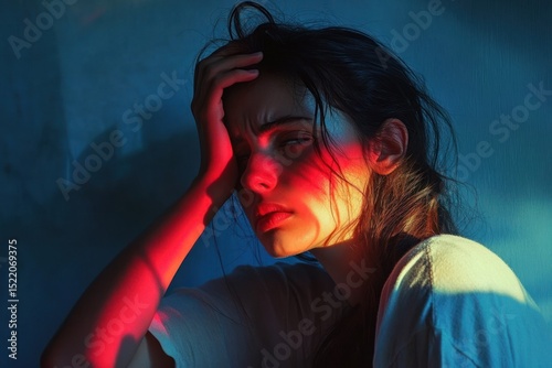 Woman sitting with head in hands, refusing shot of alcohol, emotional lighting