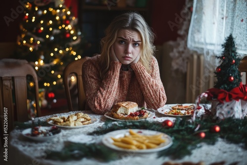 Woman sitting alone at Christmas table with untouched food, sad expression