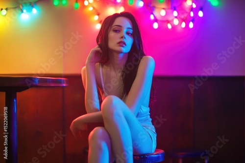 Woman sitting on bar stool looking dazed, colorful club lights around