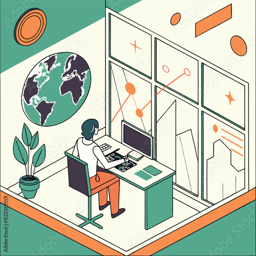 Isometric illustration of person working at a modern workspace