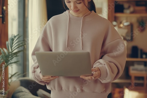 Woman in casual outfit showing laptop with online store open, product detail of sweatshirt highlighted