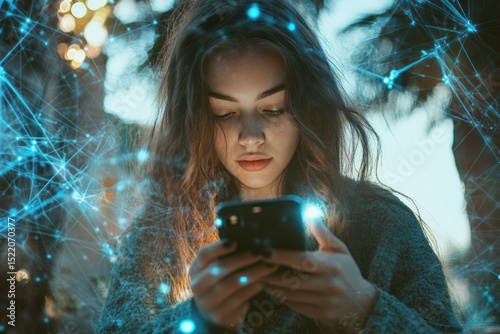 Woman checking messages on phone, holographic digital network elements, outdoor setting