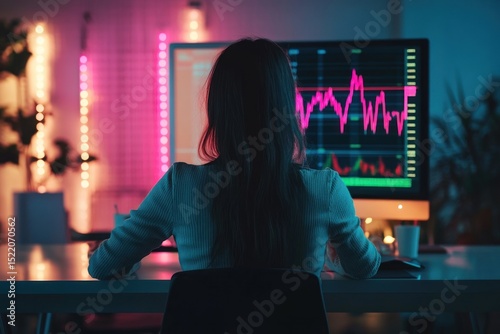 woman at modern desk with digital monitor displaying rising stock and revenue charts