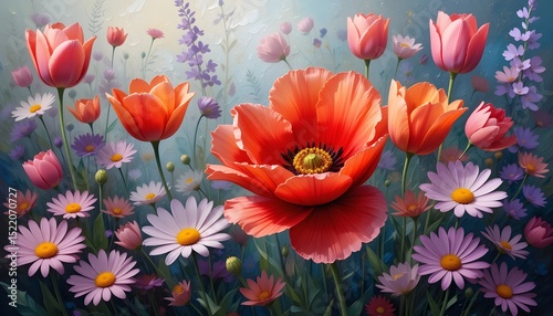 Vibrant Floral Meadow: A Detailed Artwork of Blooming Flowers