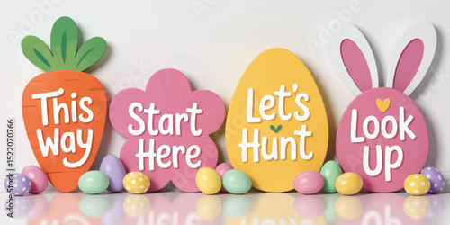 Colorful Easter Egg Hunt Sign Set with Bunny Ears, Carrot, and Decorative Eggs – Fun Spring Holiday Decoration