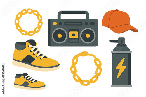 Hip Hop Birthday Icons – Sneakers, Boombox, Cap, Chain and Spray Can Vector Set
