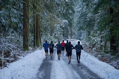 Wintertime bonding, group running together along forest road with snowbanks