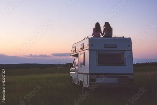 Wide field with vintage camper, two women sharing moment on top at twilight