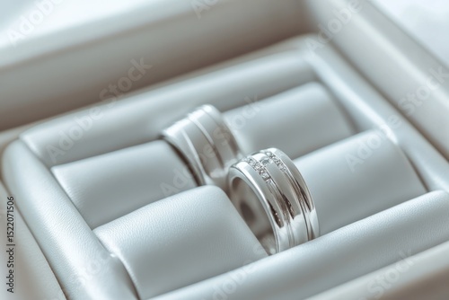 white gold wedding bands in box with soft cushion, close-up, romantic vibe